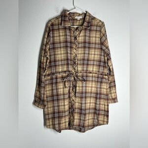 Ultra Flirt Plaid Shirt Flannel Dress Button Down Long Sleeve Tan Brown Size XL